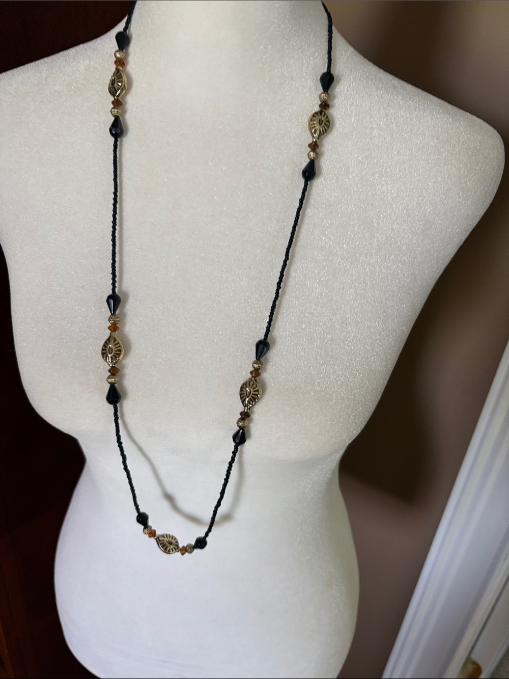 Elegant Black Bead & Gold Accent Long Necklace